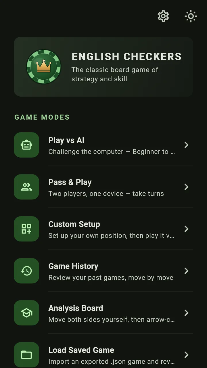 English draughts home screen