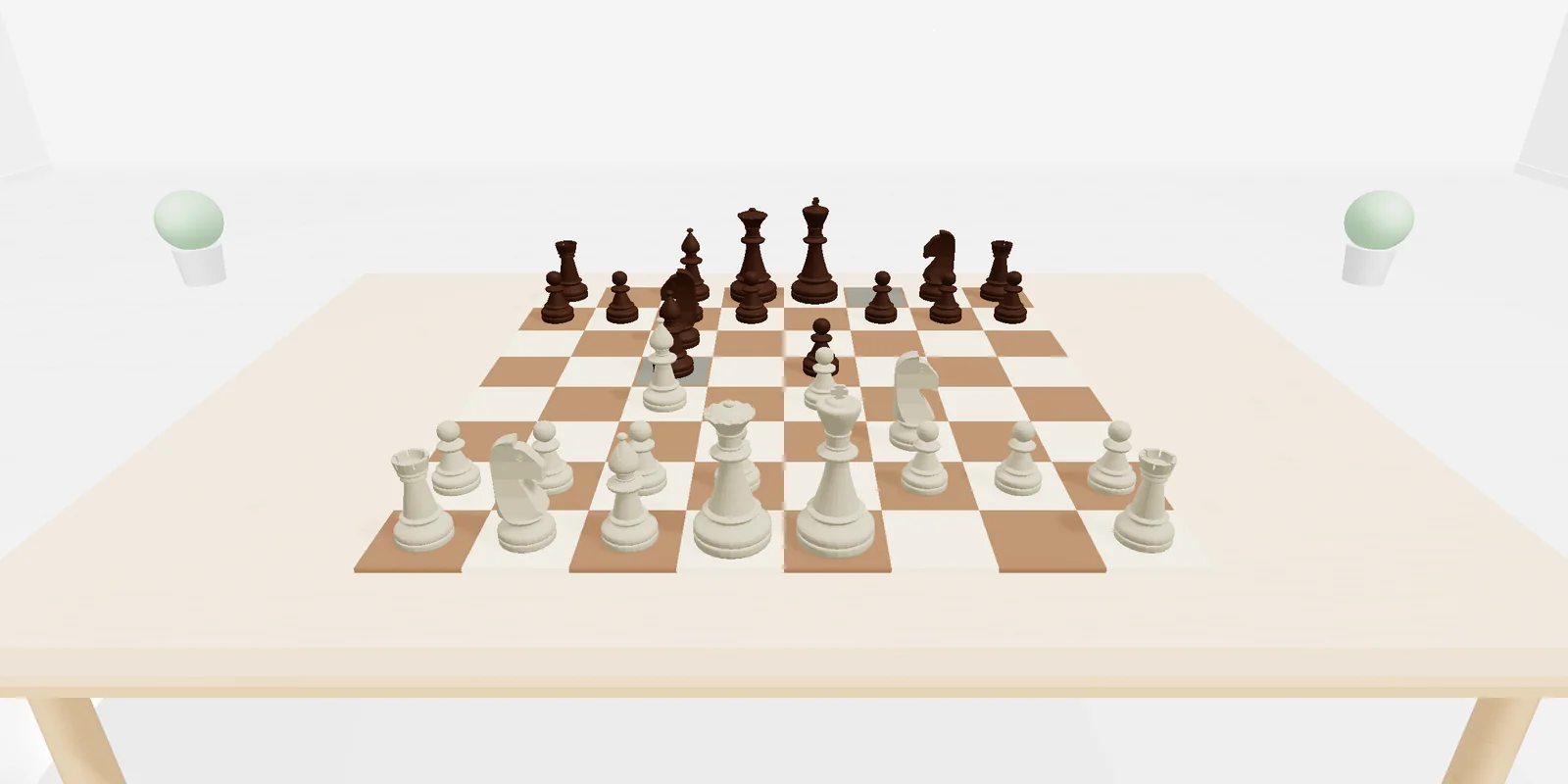 The Chess Ta! 3D board: chess pieces on a wooden table, rendered in 3D