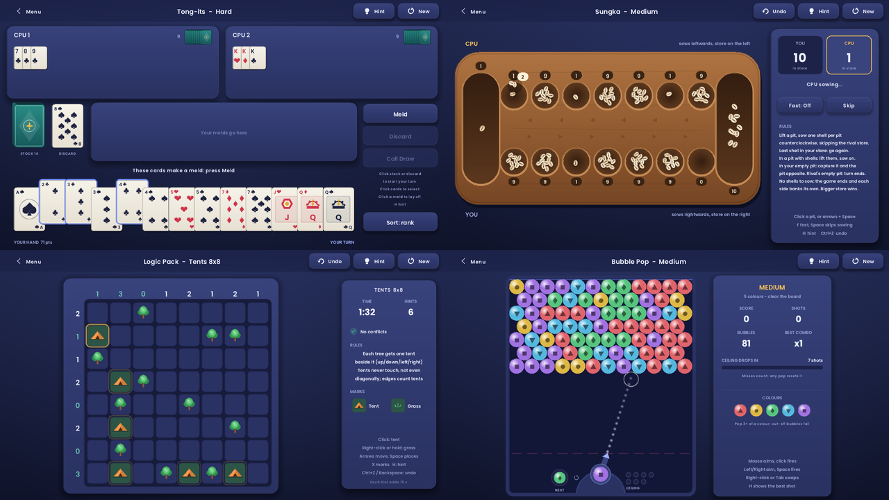 Four Puzzleshire games: Tong-its against two CPUs, Sungka on a wooden board, a Tents logic puzzle, and Bubble Pop with its aim guide