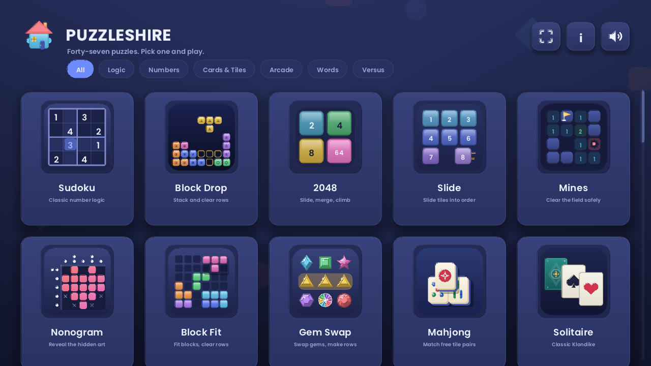 The Puzzleshire menu: game cards for Sudoku, Block Drop, 2048, Slide, Mines and more, under category chips